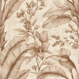 Sepia botanica wallpaper featuring hand-drawn banana leaves and flowers on a beige backdrop.
