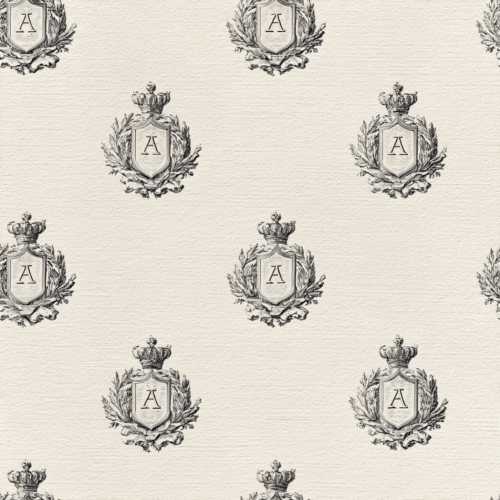 Patterned wallpaper featuring a repeating letter "A" crest, from an unknown vendor, with ornate details and crown accents.
