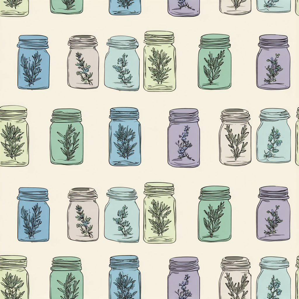Herbarium Jars Wallpaper with herb patterns and mason jar illustrations.
