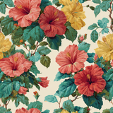 Floral wallpaper with pink, red, and yellow hibiscus flower pattern on a neutral background.
