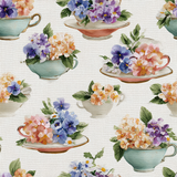 Teacup garden wallpaper with floral arrangements in teal and white teacups and saucers on a textured background.
