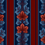 Floral wallpaper with vertical stripes by Neptune, featuring red and blue leaves on a dark background.
