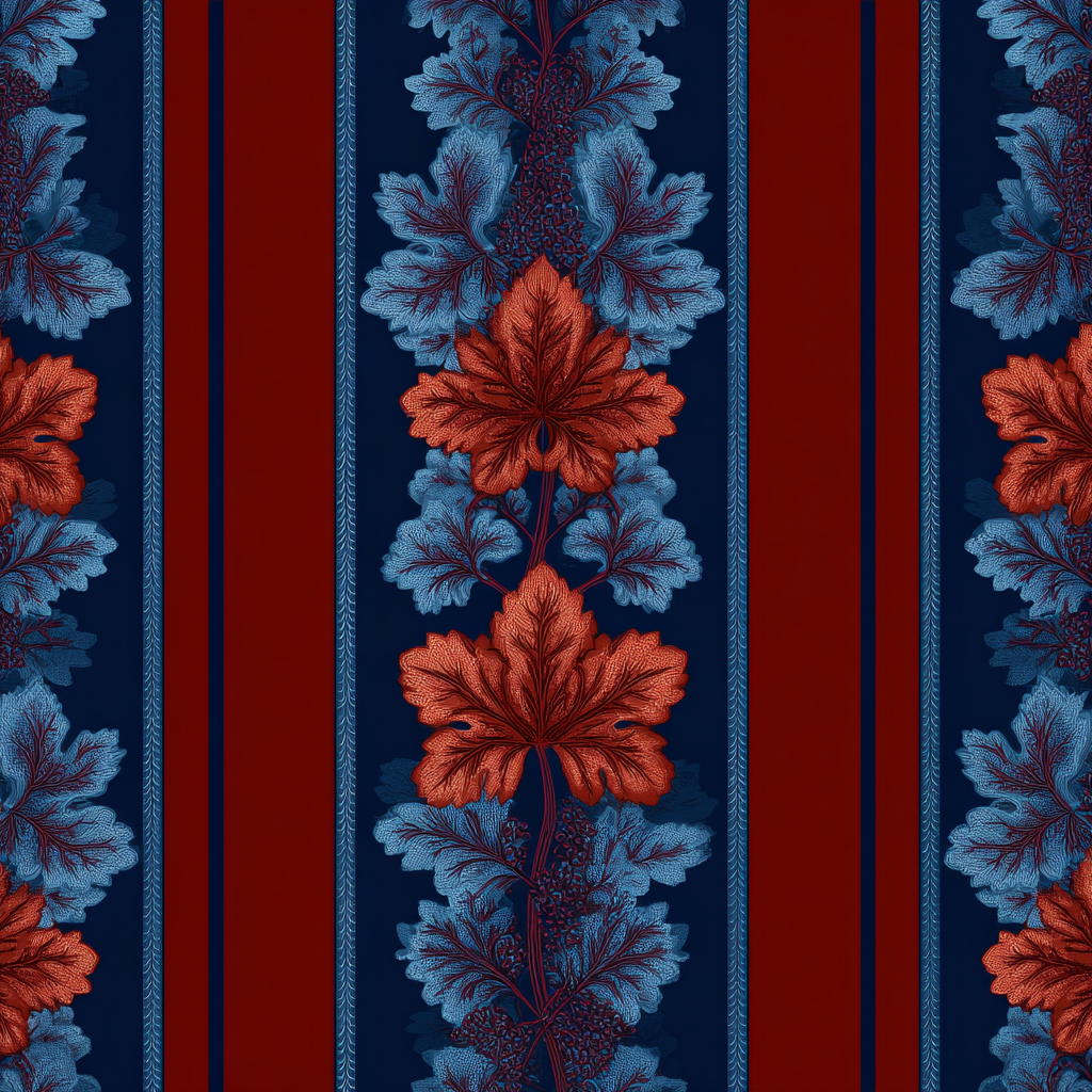 Floral wallpaper with vertical stripes by Neptune, featuring red and blue leaves on a dark background.
