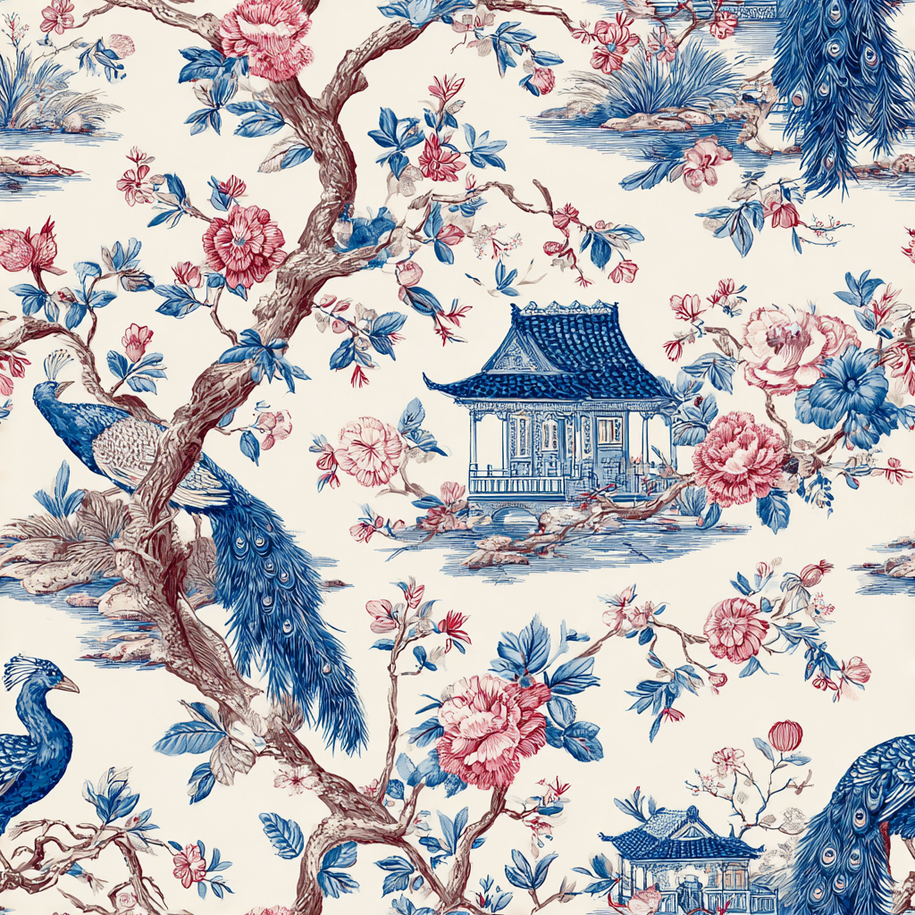 Patterned wallpaper with peacocks by Pavilion featuring floral, branch, and building motifs.
