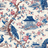 Patterned wallpaper with peacocks by Pavilion featuring floral, branch, and building motifs.
