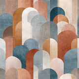 Geometric arch wallpaper with textured finish, in a pattern of blue, gray, and rust-colored hues.
