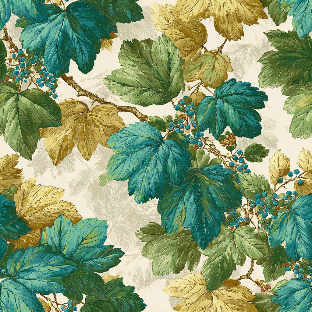 Floral wallpaper featuring green and yellow leaves, by Brewster, with bunches of blue berries on a cream backdrop.
