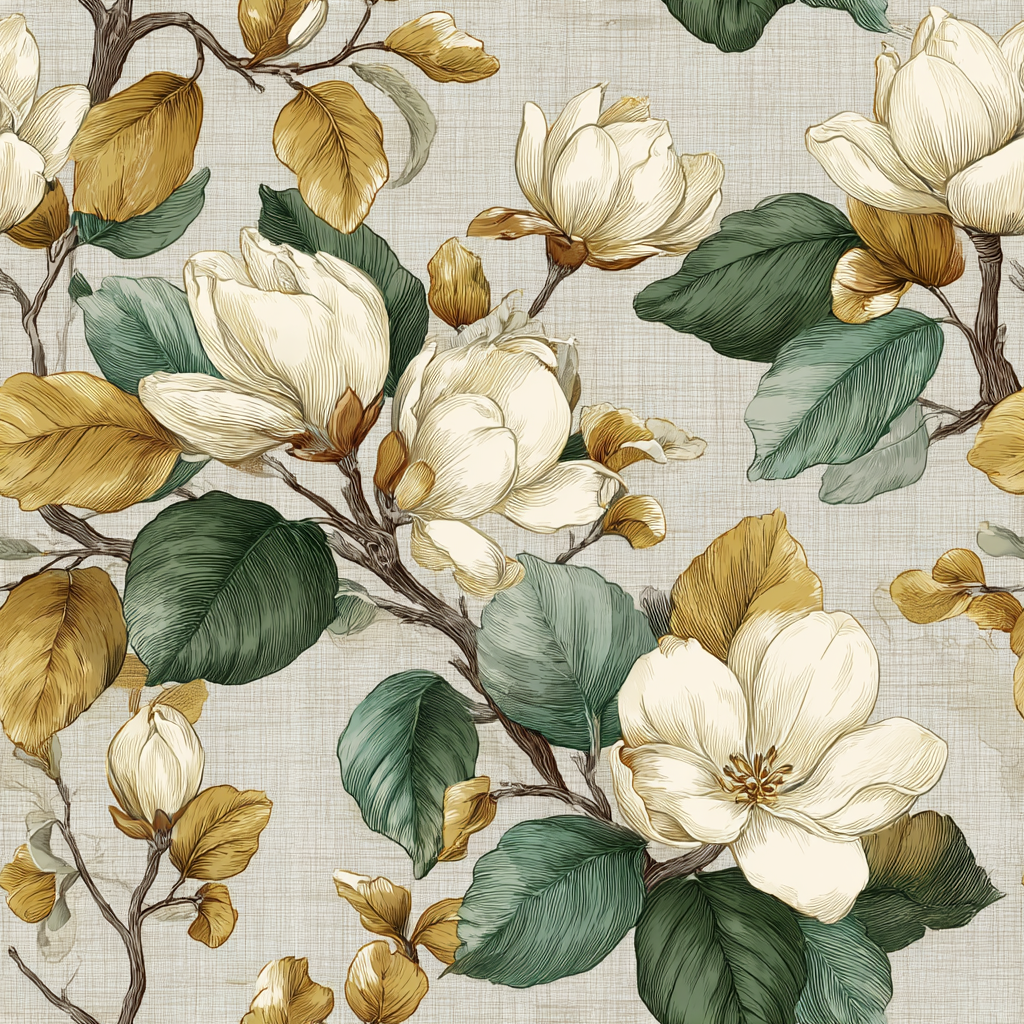 Magnolia linework wallpaper with floral pattern and magnolia flower drawings.