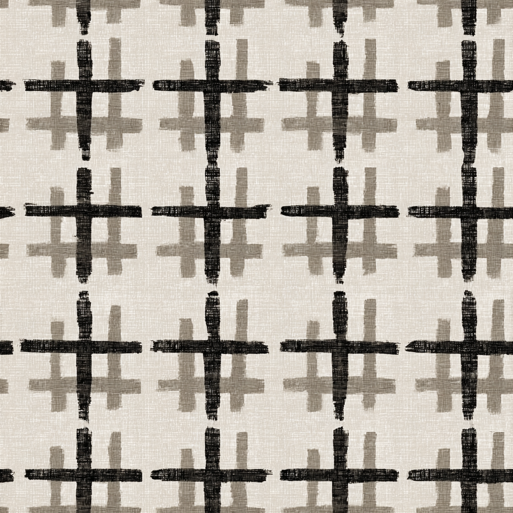 Inkwoven grid wallpaper with black and grey crossed brushstroke design.