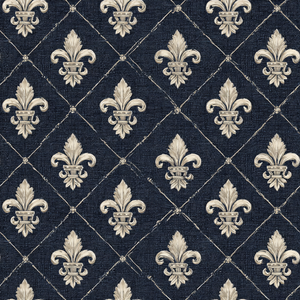 Tapestry Hall wallpaper with a fleur-de-lis pattern and a diamond trellis design.