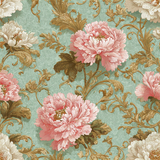 Floral Victorian Bloomscape Wallpaper with peony pattern on a green textured background.