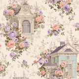 Floral wallpaper with pastel roses by York Wallcoverings, featuring Victorian-style architectural details.