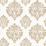 Beige Parisian scroll wallpaper with damask pattern.