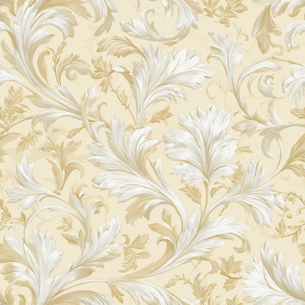 Antique gold damask scrollwork wallpaper on cream linen