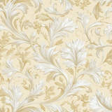 Golden damask wallpaper with swirling acanthus leaf pattern and a subtle textured effect.