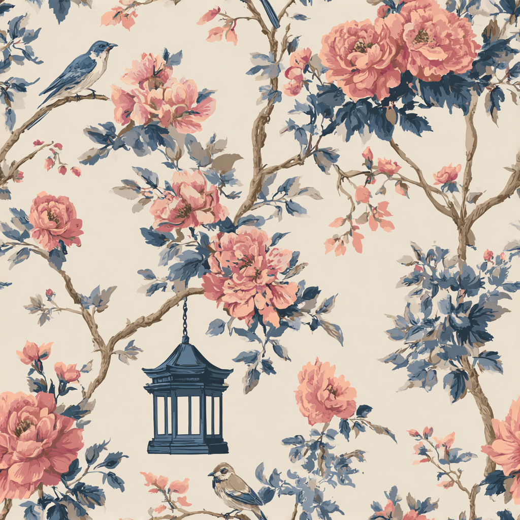 Floral wallpaper with bird and lantern pattern on beige background.

