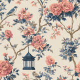Floral wallpaper with bird and lantern pattern on beige background.
