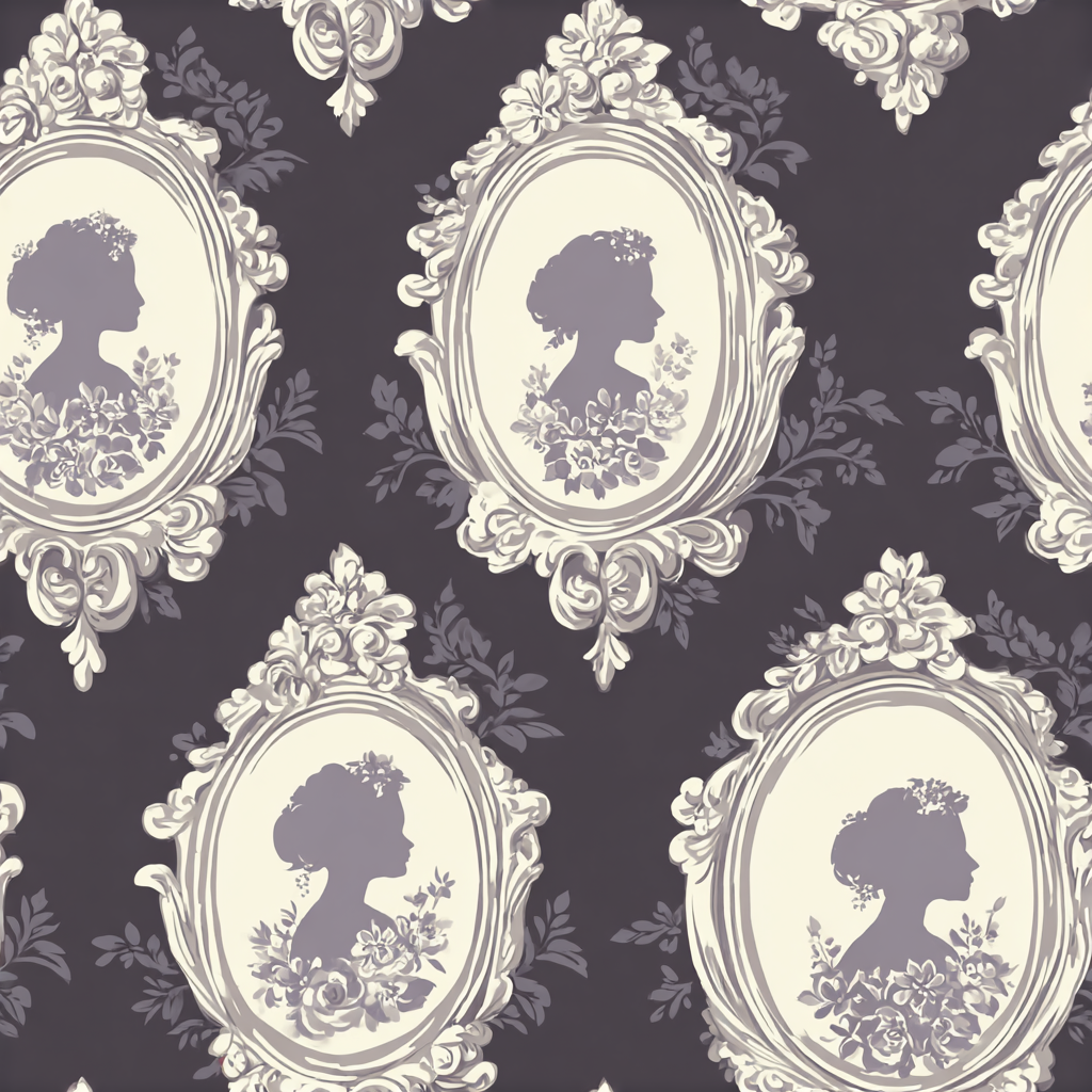 Cameo Crush wallpaper with gray cameo pattern and floral details on a dark background.
