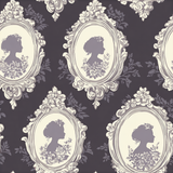 Cameo Crush wallpaper with gray cameo pattern and floral details on a dark background.
