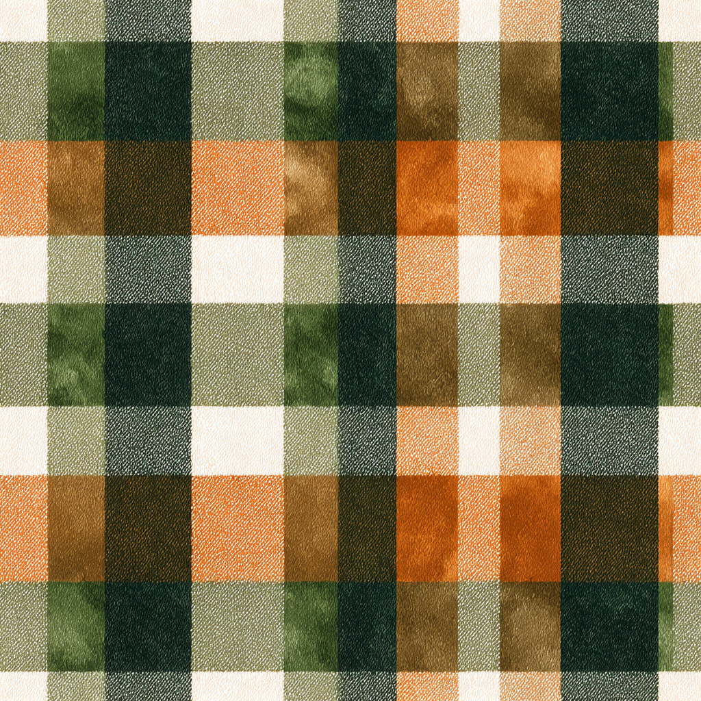 Smoky flannel wallpaper with orange, brown, green, and white square plaid pattern.
