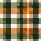 Smoky flannel wallpaper with orange, brown, green, and white square plaid pattern.