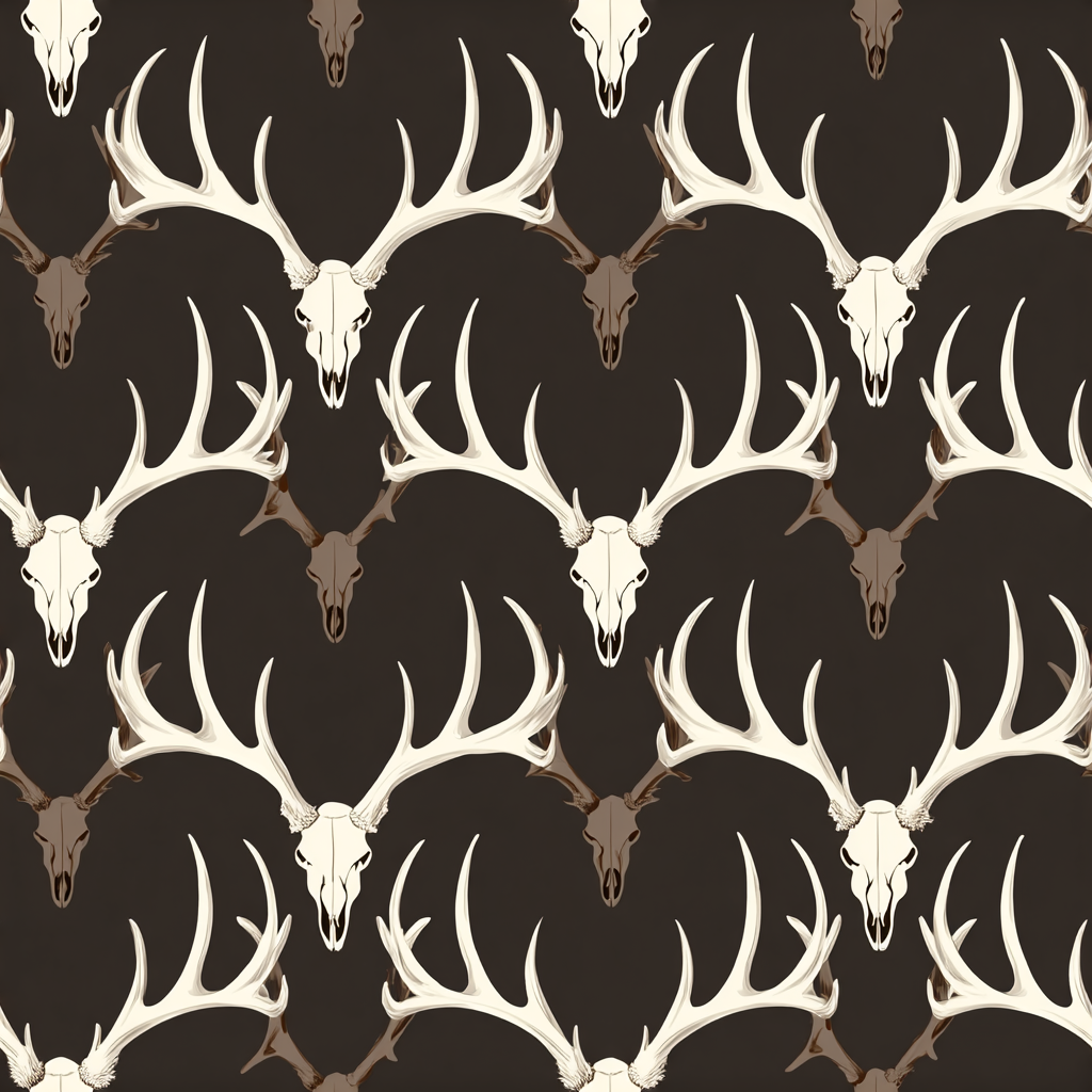 Rack and Reign wallpaper with a repeating antler skull pattern over a brown background.
