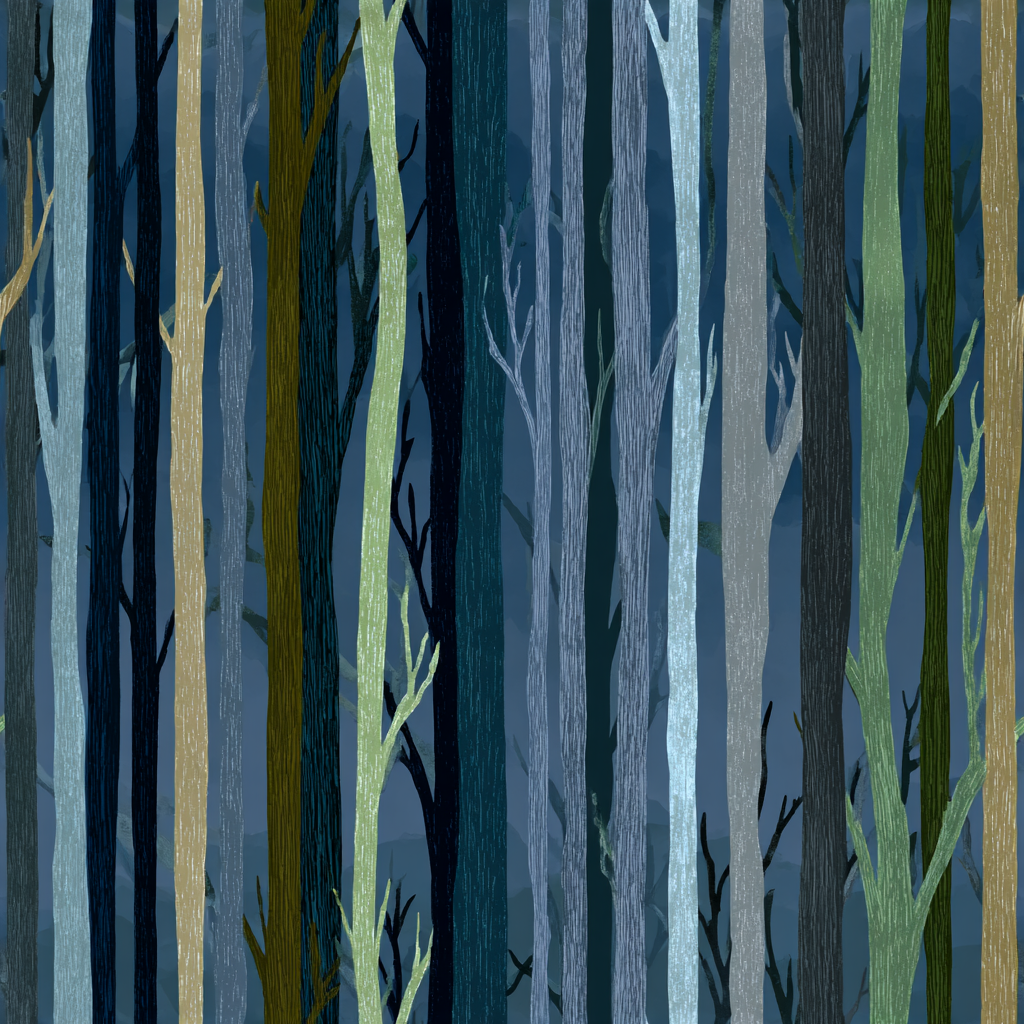 Vertical striped wallpaper with a forest tree pattern and a dark blue background.
