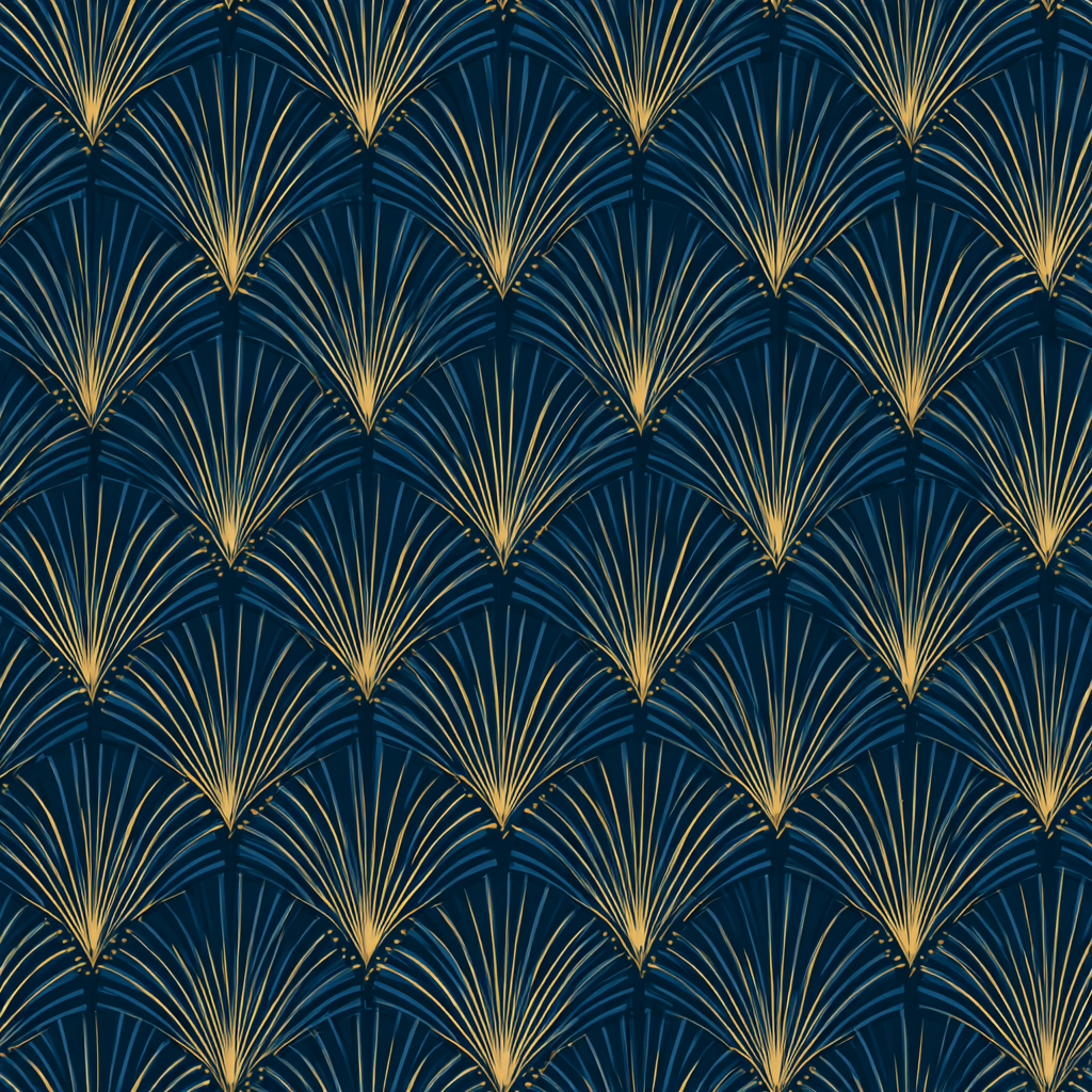 Blue and gold fan wallpaper with geometric Art Deco pattern.
