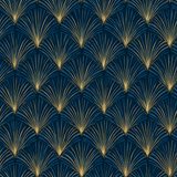 Blue and gold fan wallpaper with geometric Art Deco pattern.
