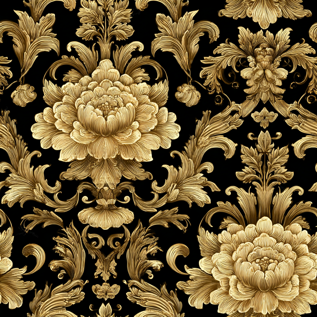 Baroque gold wallpaper with flower and leaf pattern details.
