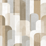 Soft deco wallpaper with overlapping arch pattern in beige and gray tones.