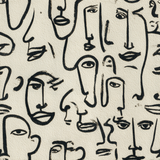 Abstract face pattern wallpaper with black ink line drawing on a beige textured background.
