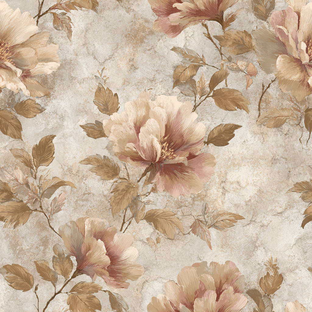 Floral Heirloom Fade Wallpaper with peach and brown accents, textured backdrop.