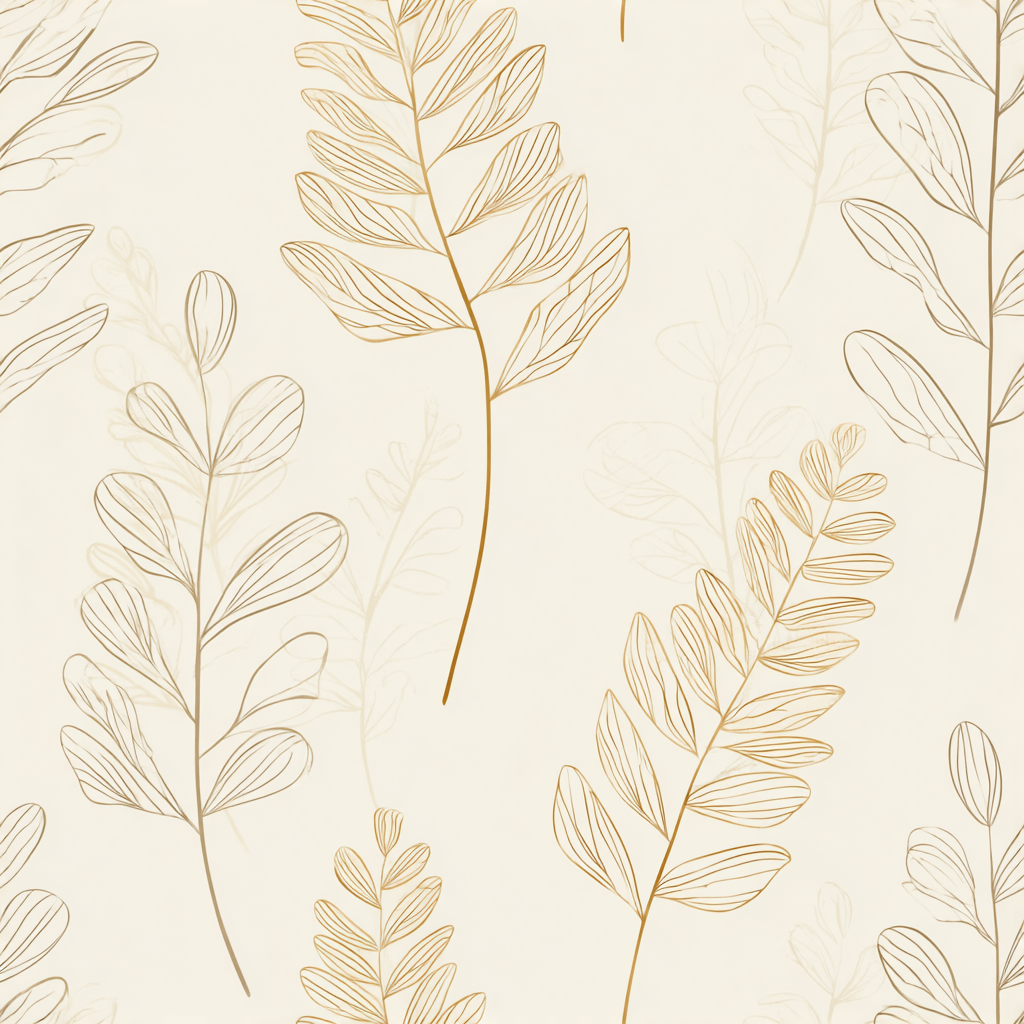 Sand fern wallpaper with gold outlines and faded leaf pattern.
