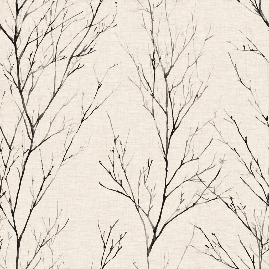 Beige wallpaper with a winter branch pattern on textured canvas.
