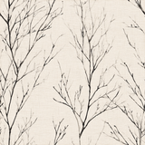 Beige wallpaper with a winter branch pattern on textured canvas.