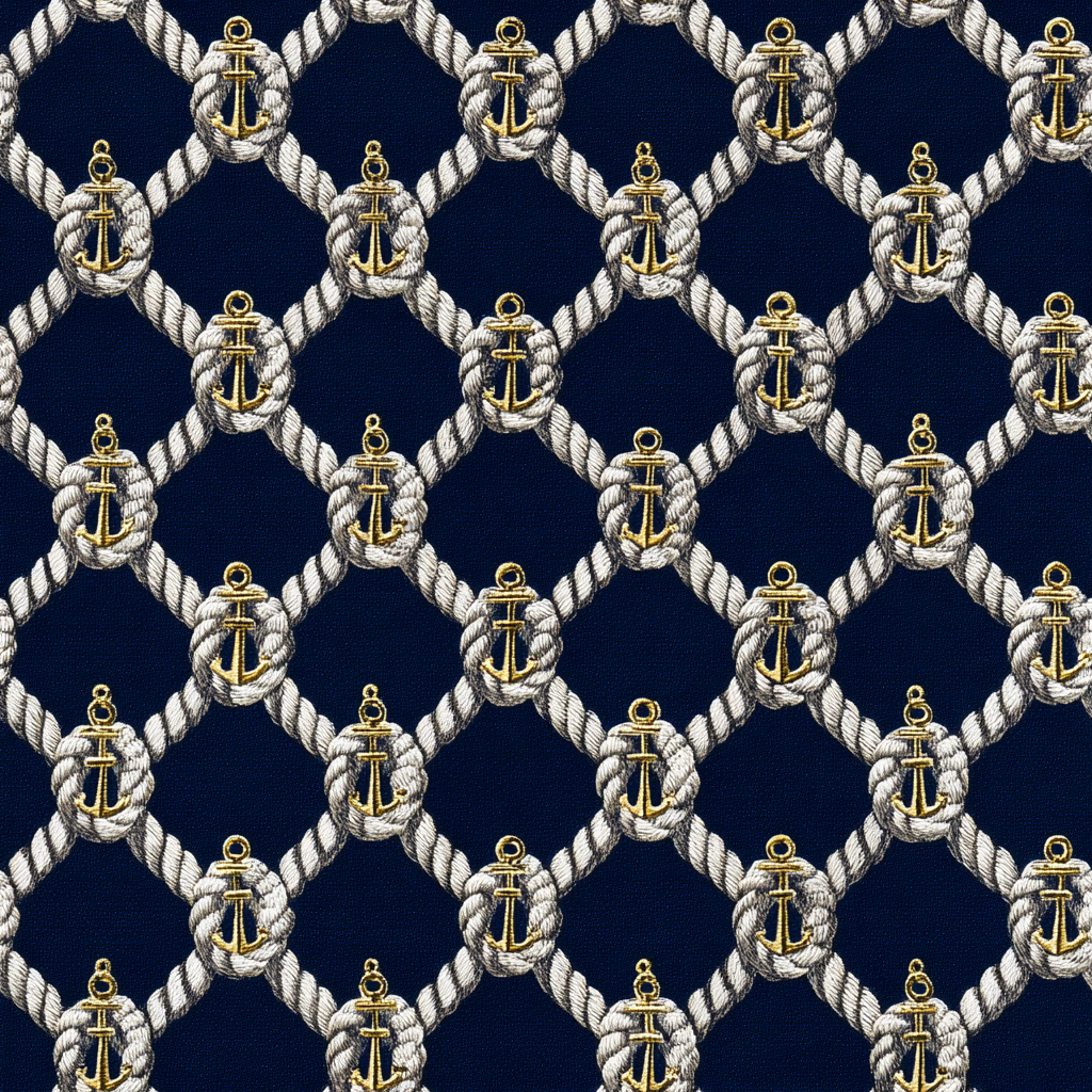 Nautical heritage wallpaper featuring a repeating pattern of ropes, golden anchors, and dark blue background.