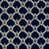 Nautical heritage wallpaper featuring a repeating pattern of ropes, golden anchors, and dark blue background.