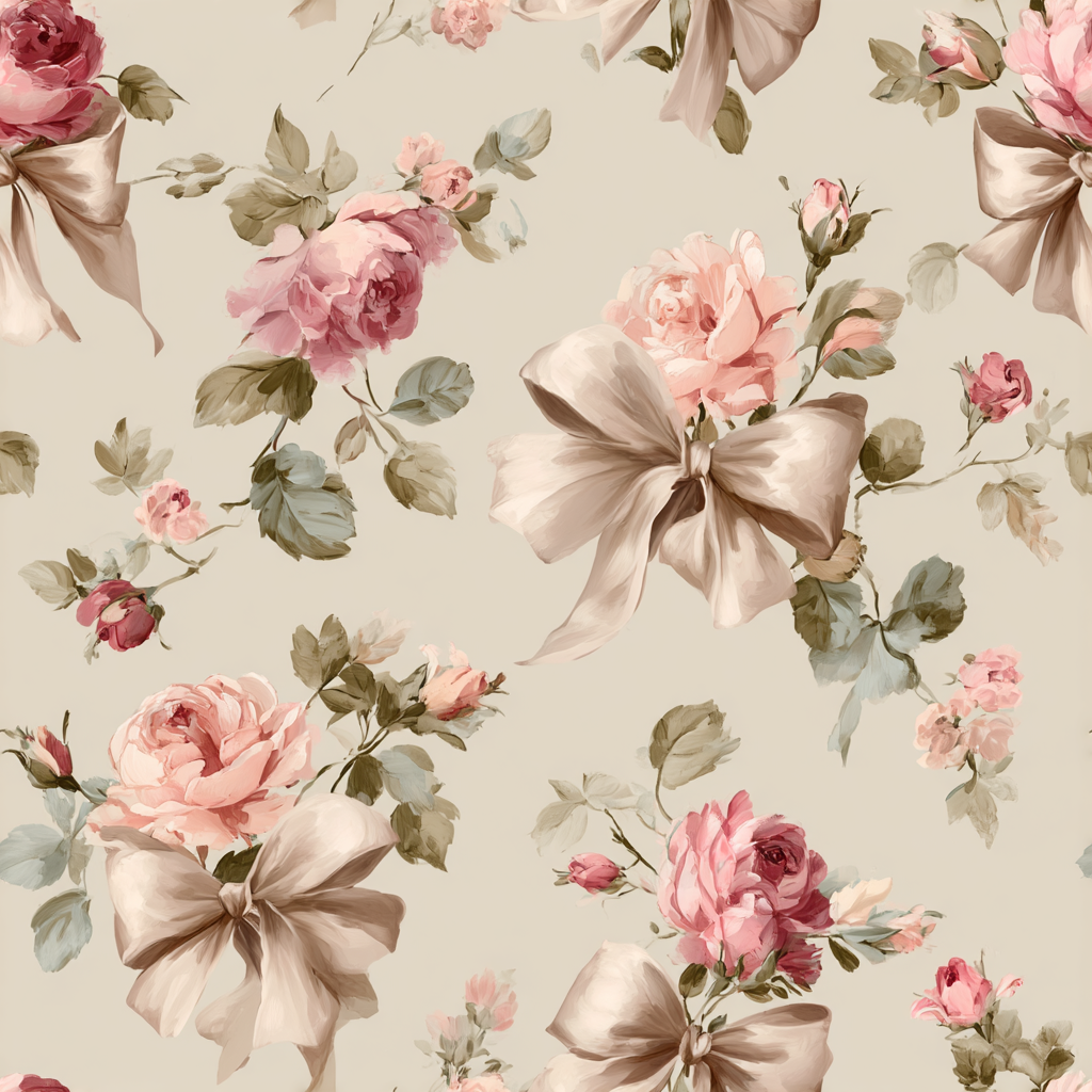Floral wallpaper with ribbons and roses pattern on beige background.