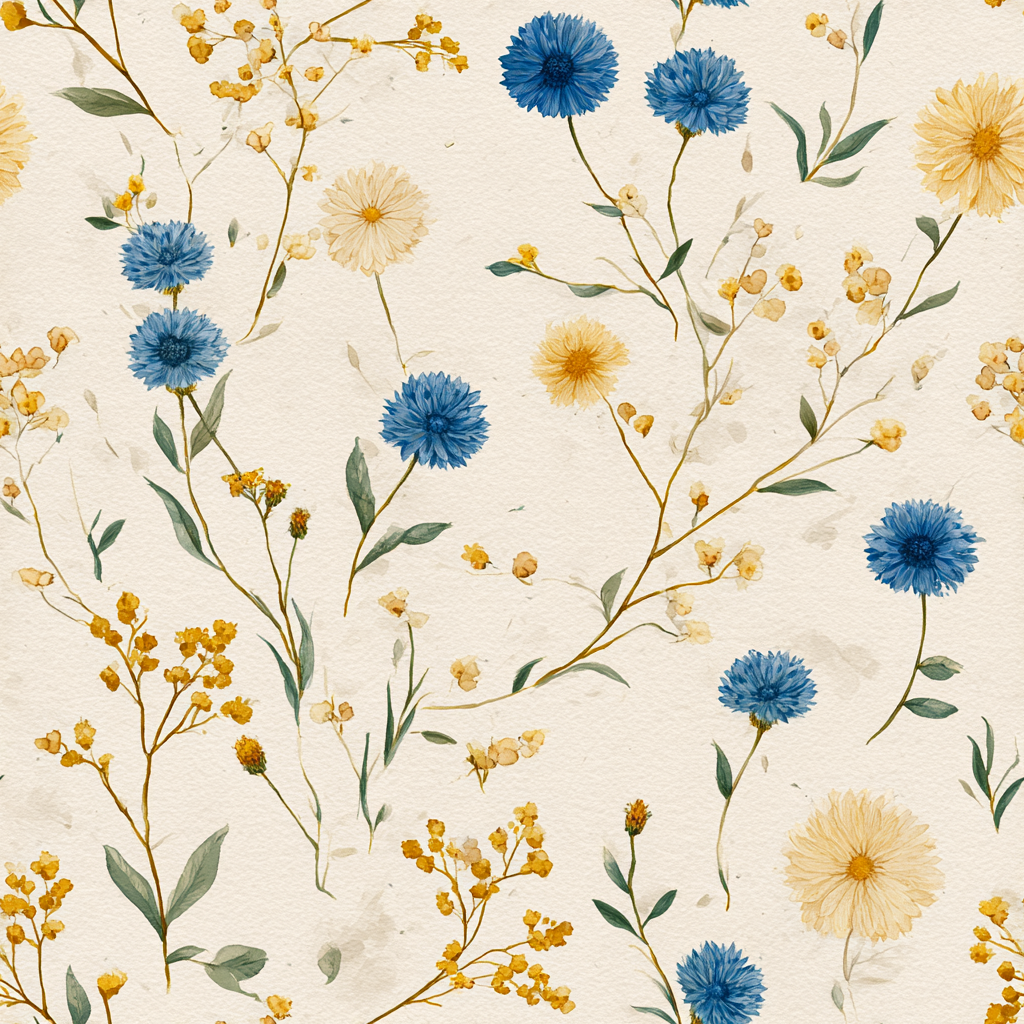 Floral wallpaper with blue cornflowers and yellow wildflowers, in a watercolor pattern.