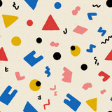Colorful geometric scatter print wallpaper with black speckle texture.
