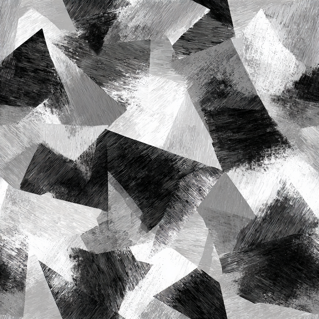 Black and white geometric wallpaper featuring shard patterns and a sketched texture.