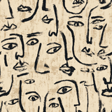 Abstract faces wallpaper with black line drawings on a textured beige background.
