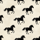 Patterned black Mesa Run wallpaper featuring running horse silhouettes on a textured beige background.
