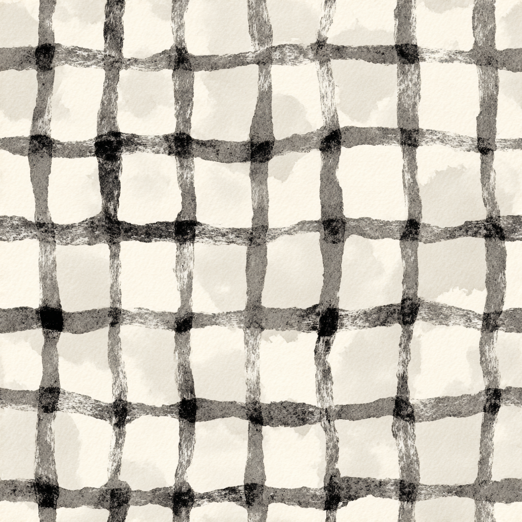Neutral grid wallpaper with charcoal brushstrokes, creating a hand-painted effect and modern pattern.