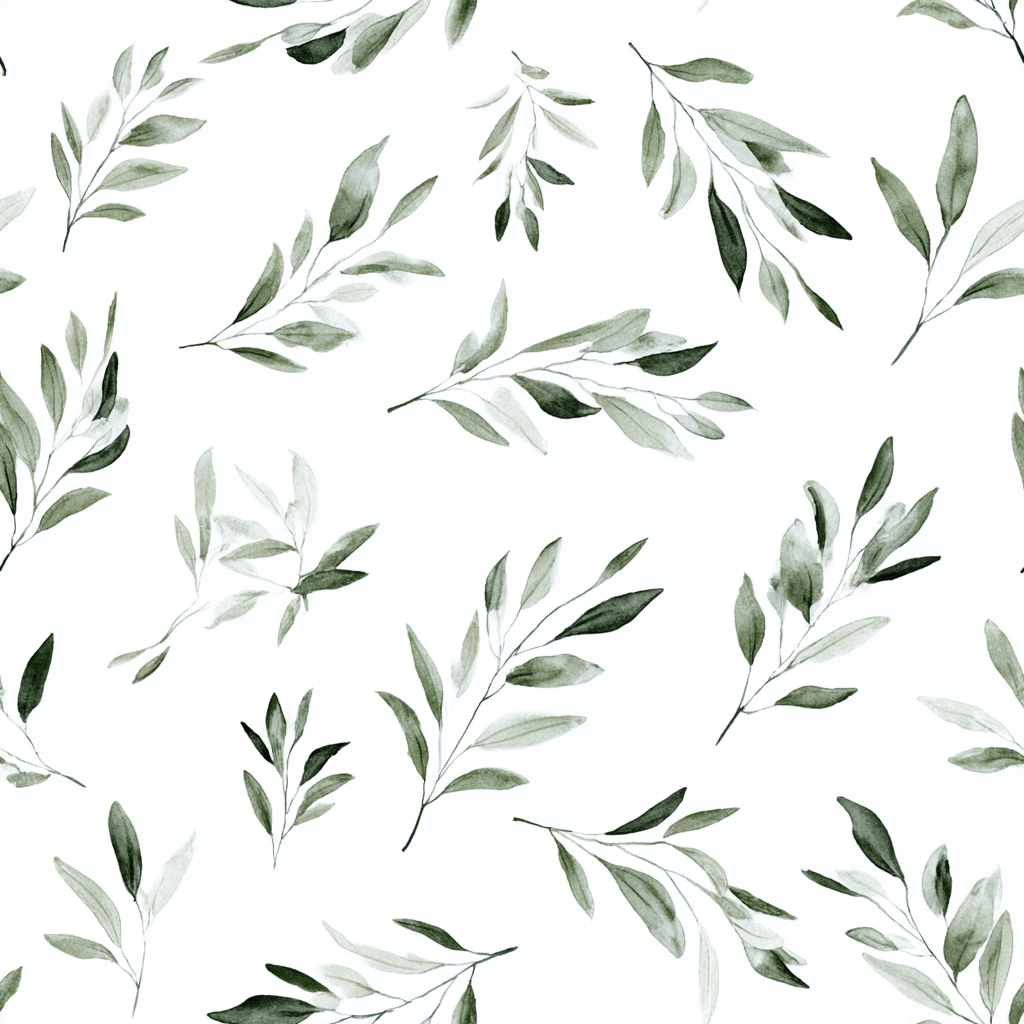 Green leaf wallpaper with botanical pattern by Marrowleaf, in a watercolour style on white background.