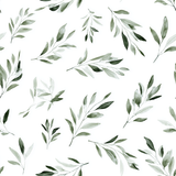 Green leaf wallpaper with botanical pattern by Marrowleaf, in a watercolour style on white background.