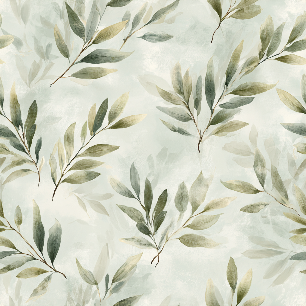 Olive Glade wallpaper with an olive and green leaf pattern on a light, textured background.
