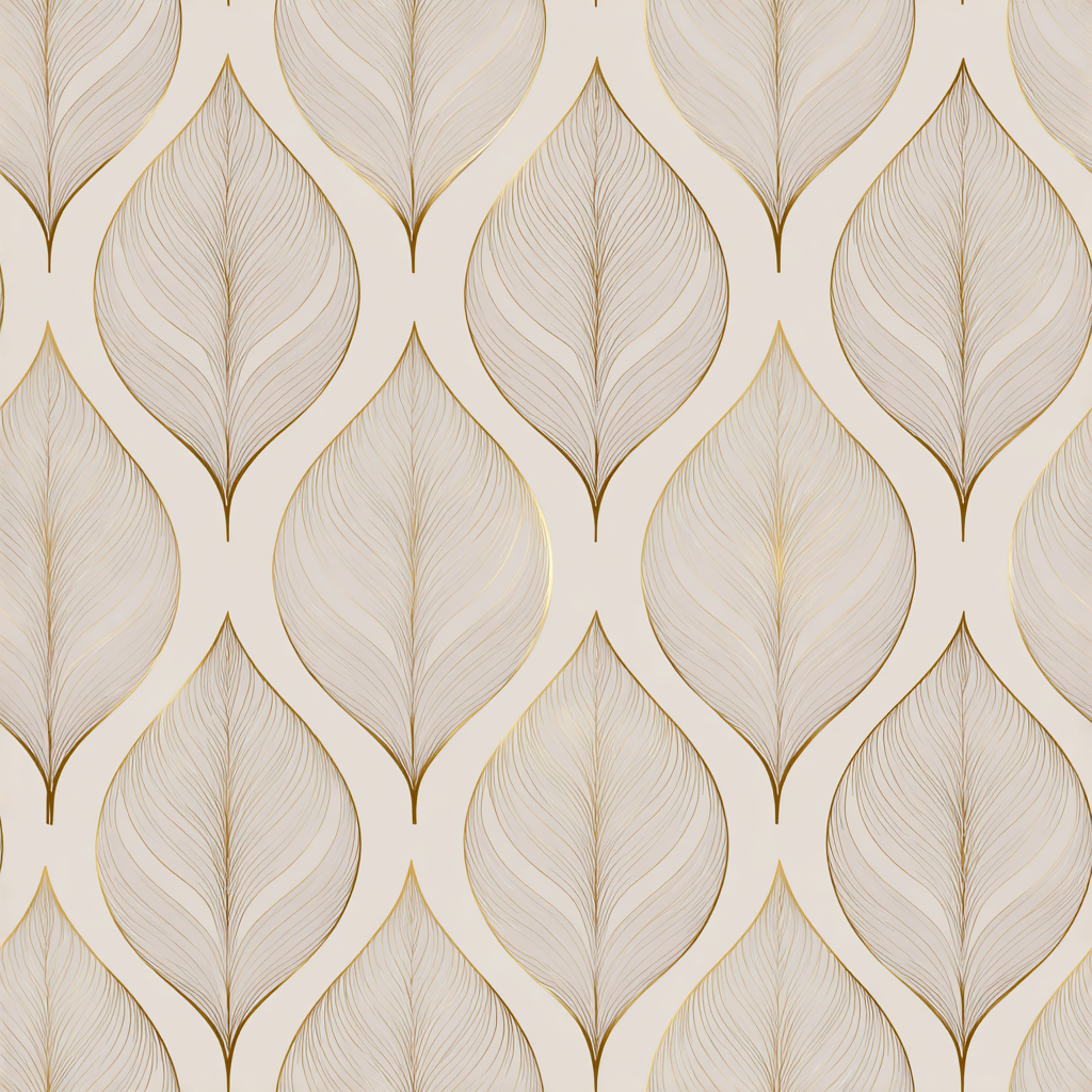 Beige Aurelia Leaf Wallpaper with gold line leaf pattern.