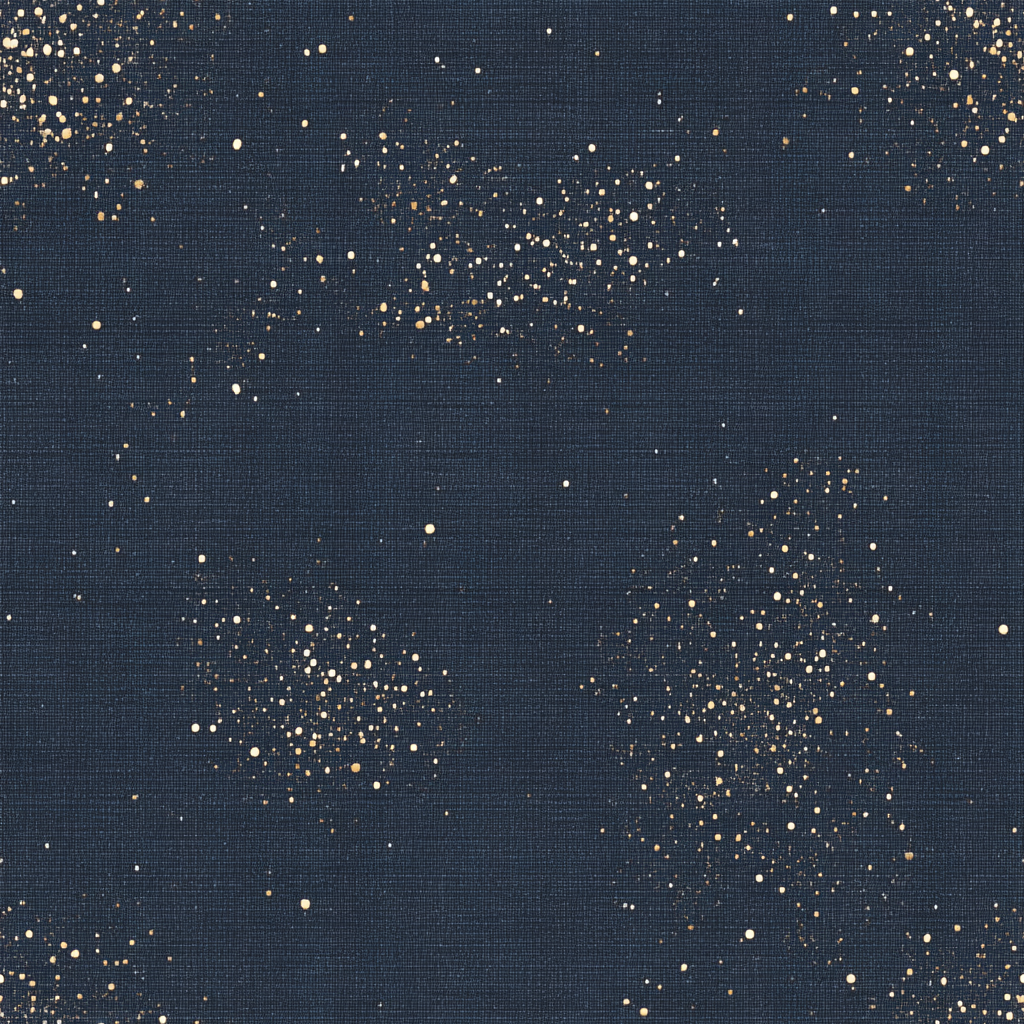 Celestial Veil wallpaper with gold celestial pattern on a blue background.